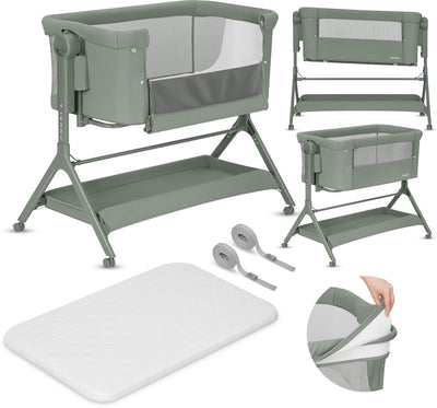 Lionelo Leonie Plus – Beistellbett 3 in 1 Kinderbett und Babybett – Kinderbett bis 9 kg – Höhenverstellung in 6 Stufen – Schaukelfunktion – T25-Matratze – Aufbewahrungskorb – Rollen – abnehmbare Bezüge