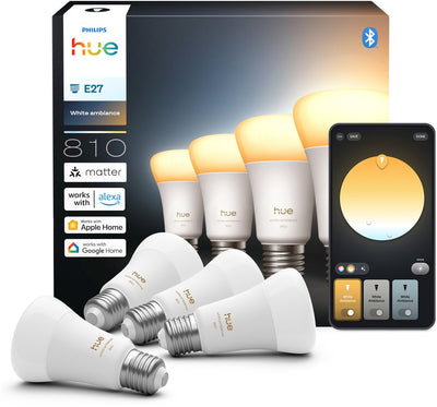 Philips Hue Smart LED A60 Lampe, warmes bis kaltweißes Licht, E27-Fassung, 4er-Pack