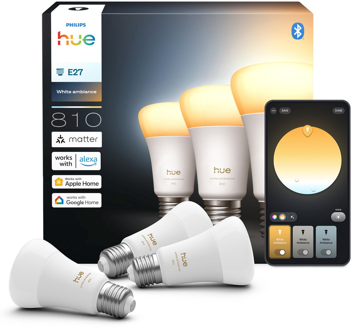 Philips Hue Smart LED A60 Lampe, warmes bis kaltweißes Licht, E27-Fassung, 3er-Pack