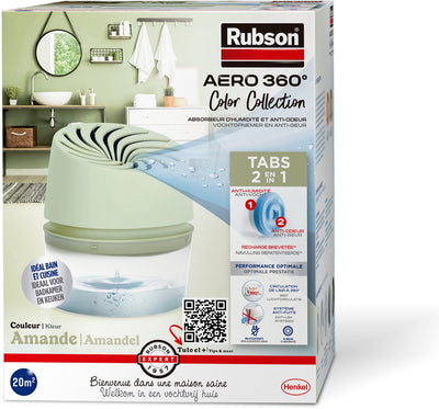 Rubson Feuchtigkeitsabsorber aero360 Farbkollektion Mandel 450g Box | Feuchtigkeitsaufnehmendes Luftentfeuchtergerät | Luftentfeuchter | Feuchtigkeitsabsorber im Innenbereich.