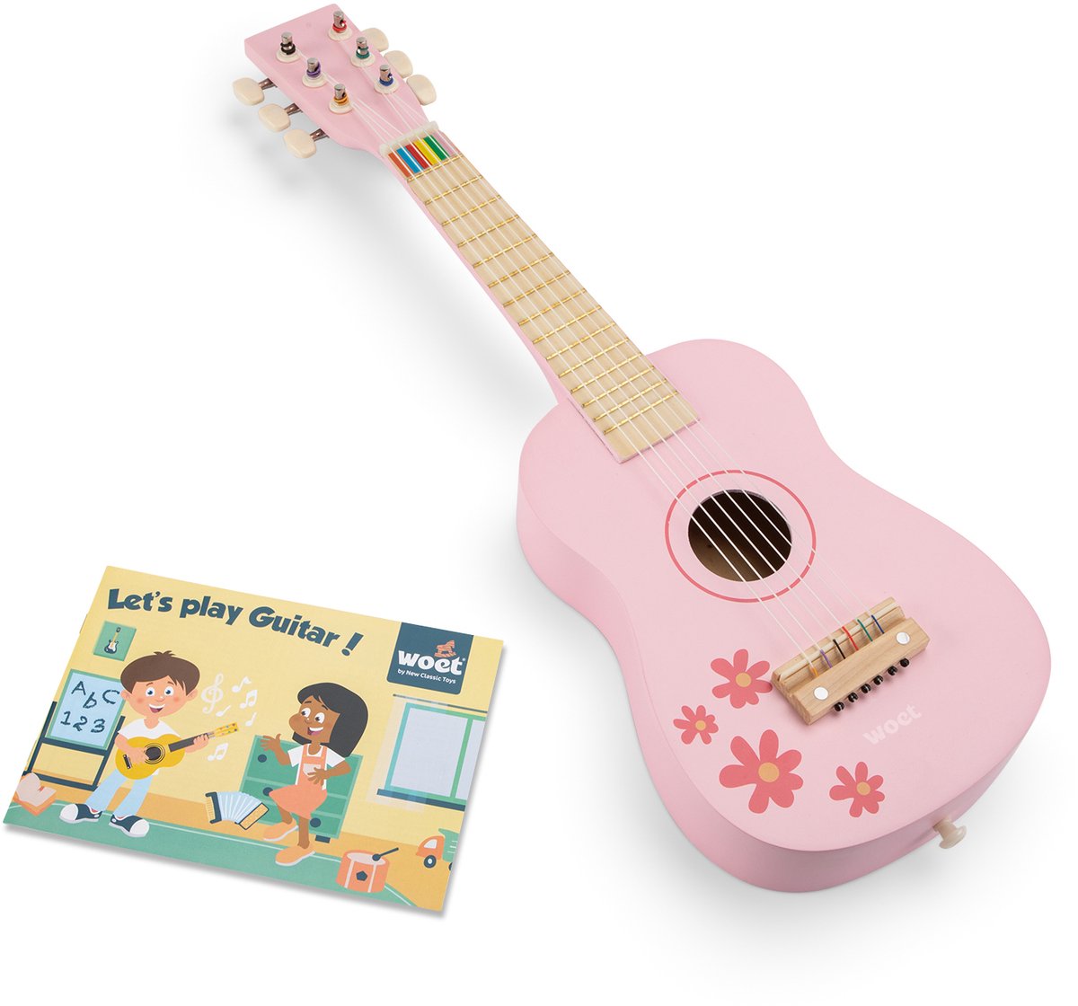 Woet® Spielzeuggitarre aus Holz mit Tragegurt - Rosa mit Blumen - Spielzeuginstrument - Meine erste Gitarre inklusive Notenheft - Gitarre spielen für Kinder - ab 3 Jahren