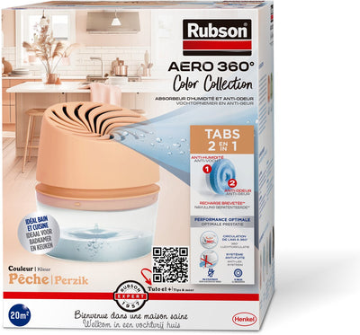 Rubson Feuchtigkeitsabsorber Aero360 Farbkollektion Pfirsich 450g Box | Feuchtigkeitsaufnehmendes Luftentfeuchtergerät | Luftentfeuchter | Feuchtigkeitsabsorber im Innenbereich.