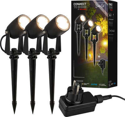 Briloner Connect to Shine – Spike Spot – 3er-Set – Gartenstrahler Starter-Set – Gartenbeleuchtung – IP65 – warmweißes Licht – ø4x2,5 cm – 1,5 m Kabel