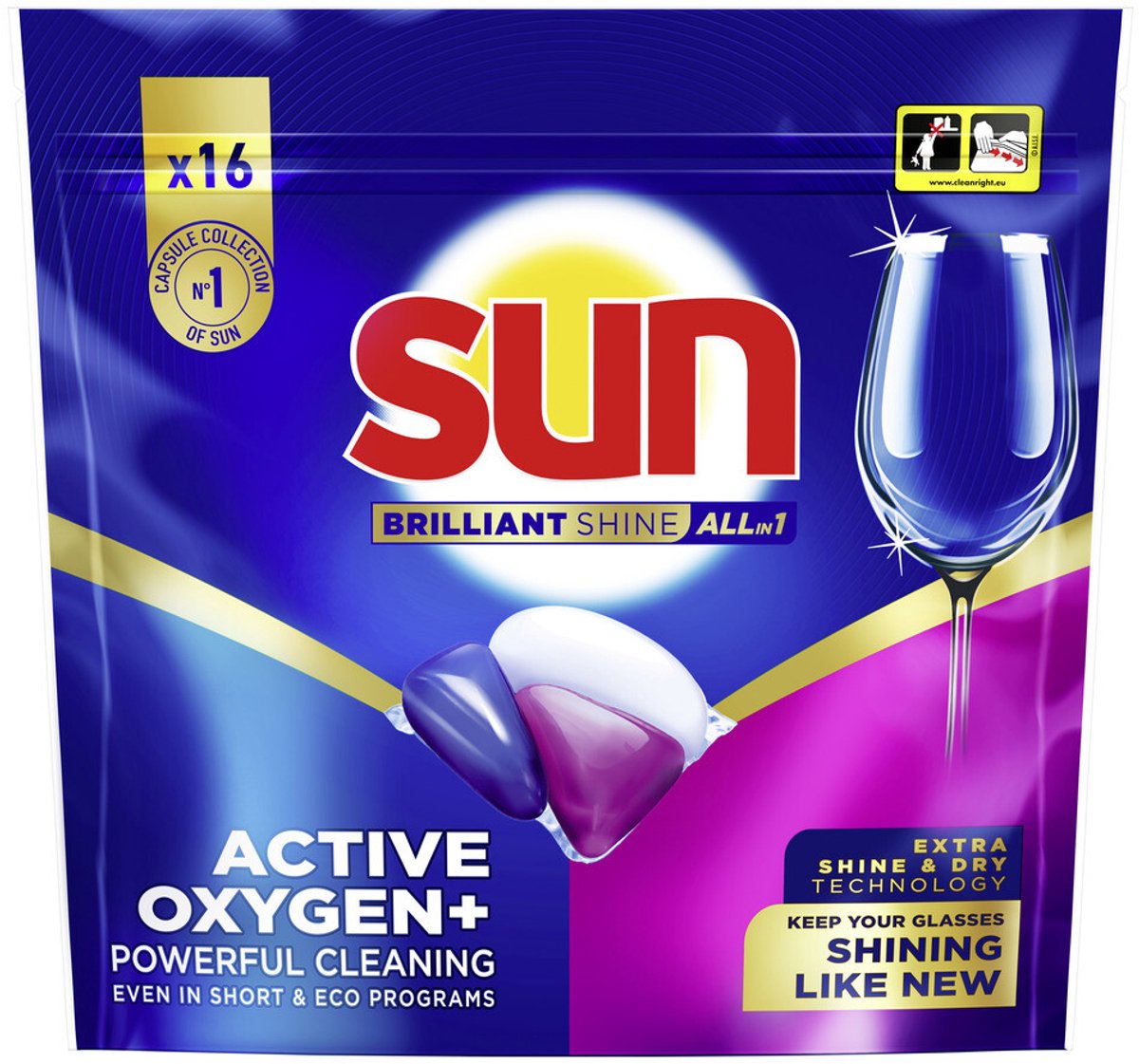 Sun - Spülmaschinenkapseln - Brillanter Glanz - All-in-1 - eine Kapsel mit Aktivsauerstoff+ - 16 Spülmaschinentabs