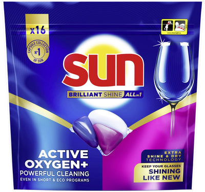 Sun - Spülmaschinenkapseln - Brillanter Glanz - All-in-1 - eine Kapsel mit Aktivsauerstoff+ - 16 Spülmaschinentabs