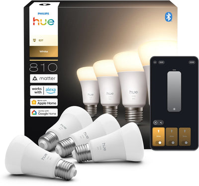 Philips Hue Smart LED A60 Lampe, warmweißes Licht, E27-Fassung, 4er-Pack