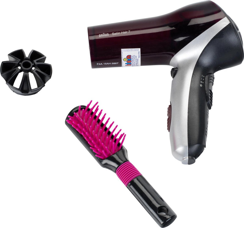 Klein Toys Braun Satin Hair 7 Haartrockner mit Bürste - inkl. Ventilator mit Kaltluftmechanismus – schwarz-rosa