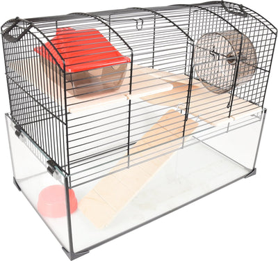 Flamingo-Hamsterkäfig – Vitru 1 – Hamsterkäfig mit Glasboden – kompletter Käfig mit Laufrad, Plattformen und Zubehör – schwarz – 51,5 x 29 x 40 cm – europäische Qualität