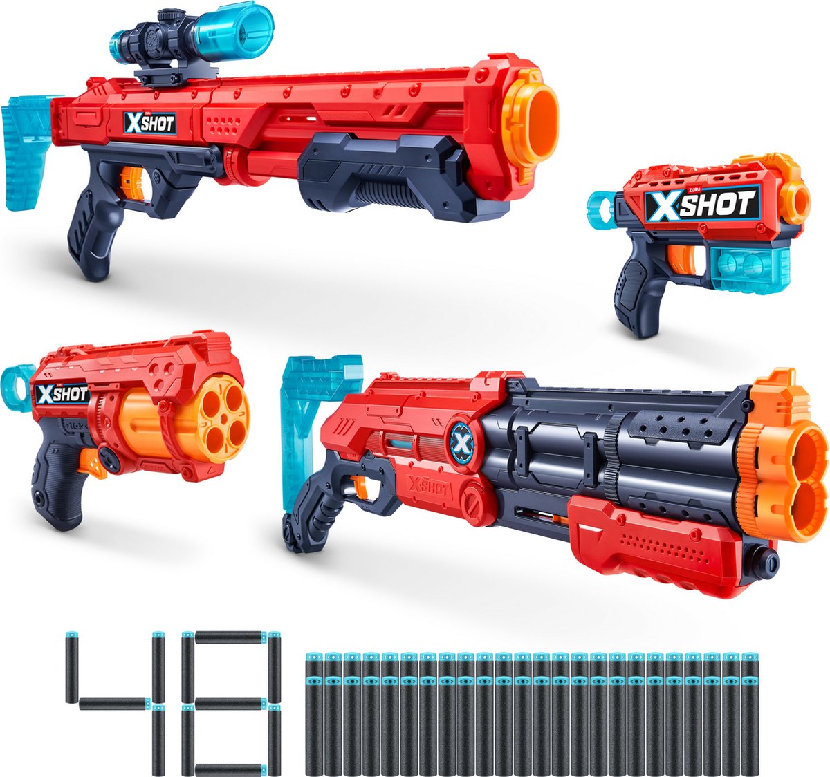 Xshot Excel Ultimate Shootout Pack (4 Blaster, 48 Darts, 6 Dosen) von Zuru – Spielzeug-Blaster