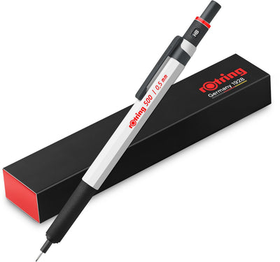 Rotring 500 Druckbleistift | 0,5 mm Graphit-HB-Mine | | weiße sechseckige Kunststoffhülse und Metallgriff mit rutschfester Struktur