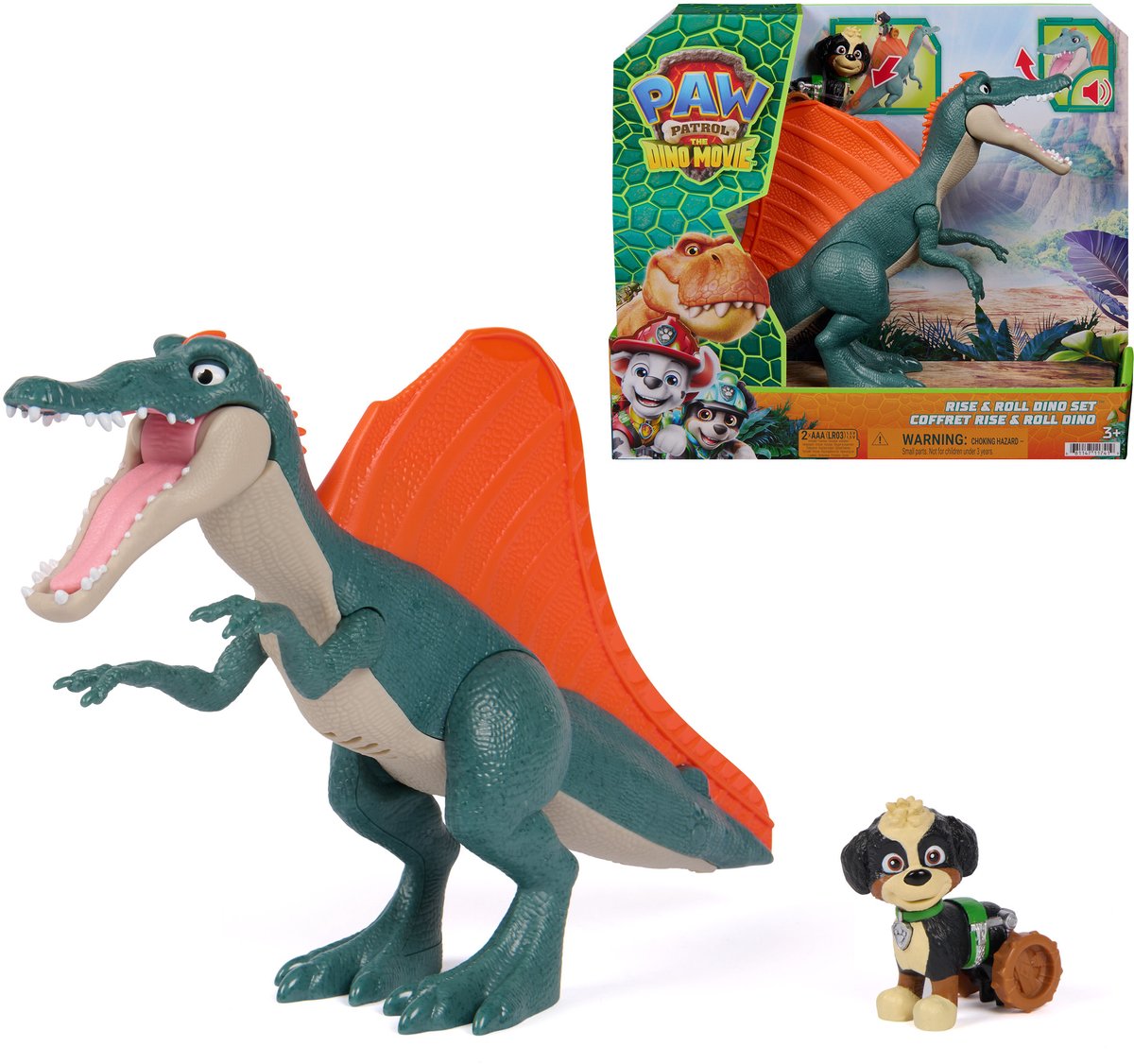 Paw Patrol – The Dino Movie Rise Roll Dino-Set enthält einen 17,7 cm großen Spinosaurus-Spielzeugdinosaurier mit Geräuschen und eine Rex-Actionfigur