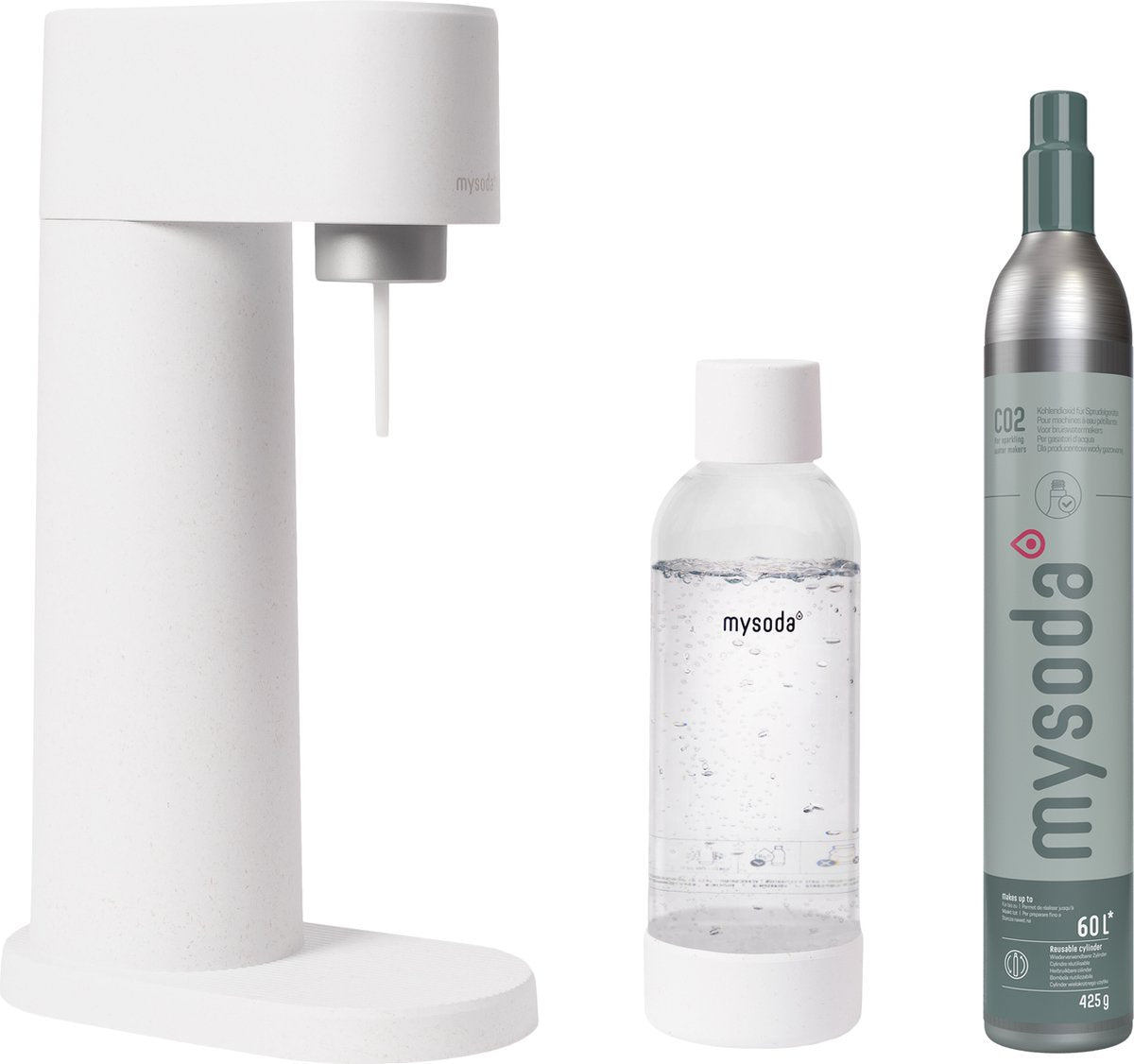 Mysoda Woody White – Sprudelwasserbereiter – aus ökologischem, nachhaltigem Biokomposit – inklusive CO2-Zylinder-Wasserflasche