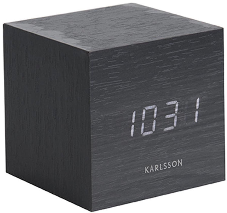Karlsson Wecker Mini-Würfel – schwarzes Furnier, weiße LED – 8 x 8 x 8 cm – skandinavisch – Wecker für Schlafzimmer – Wecker