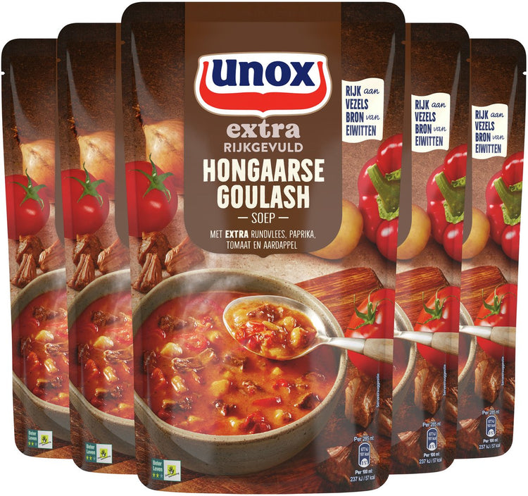 Unox extra reichhaltige Suppe im Beutel – Ungarisches Gulasch – eine gefüllte Suppe mit extra Rindfleisch, Paprika, Tomate und Kartoffel – 5 x 570 ml