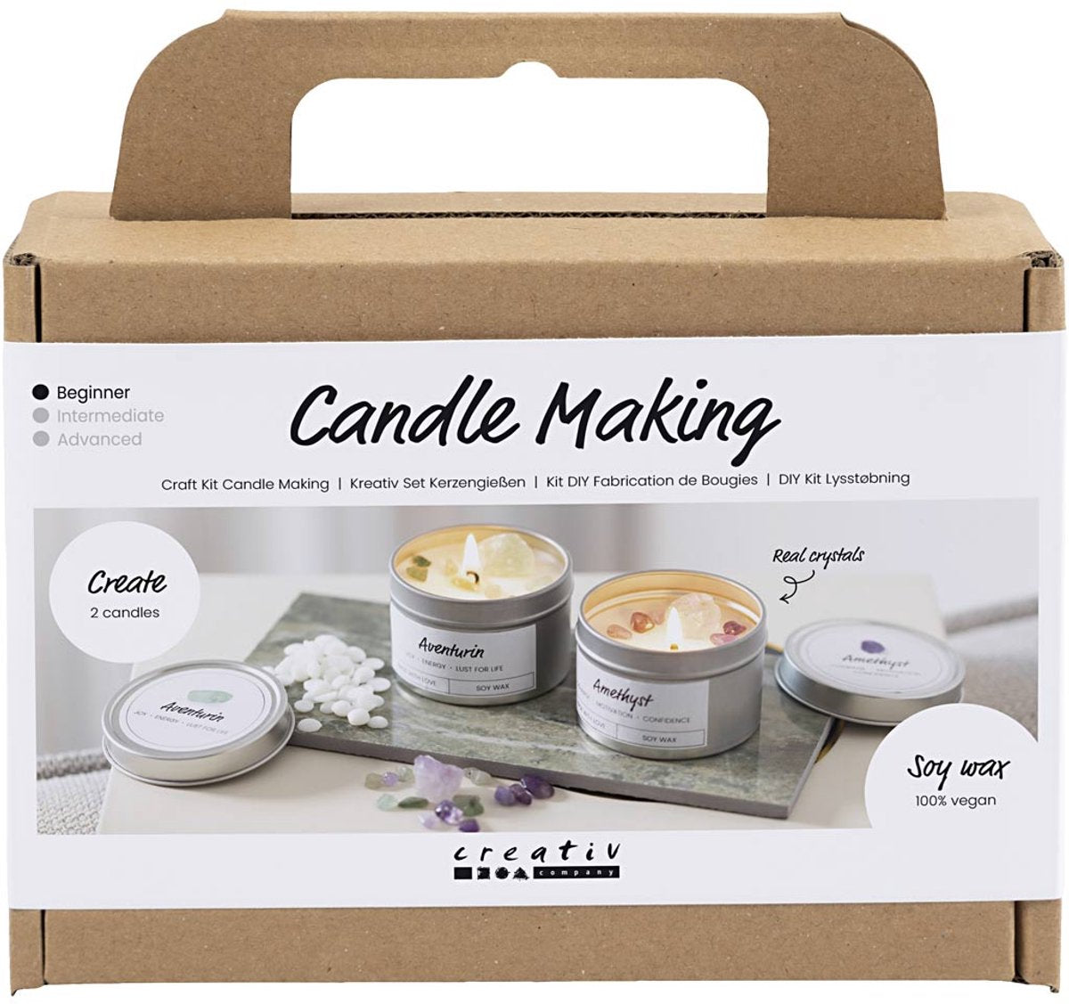Creativ Company Mini-Hobby-Set zur Kerzenherstellung, Sojakerze mit Aventurin und Amethyst, cremefarben, gebrochenes Weiß, 1 Box
