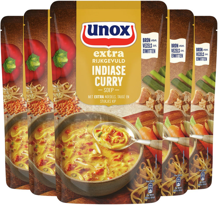 Unox extra reichhaltige Suppe im Beutel – Indisches Curry – eine Currysuppe mit extra Nudeln, Sojasprossen und Hähnchenstücken – 5 x 570 ml