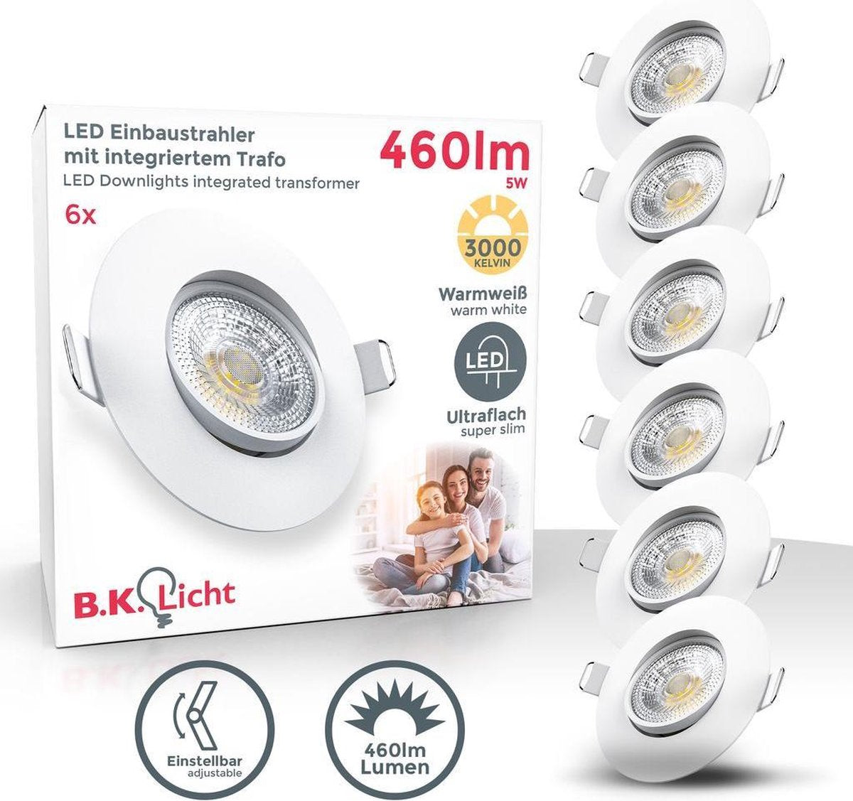 B.K. Licht – Set mit 6 LED-Einbaustrahlern – für den Innenbereich – Strahler – kippbar – IP23 – ø9 cm – 3.000 K – 460 lm – 5 W