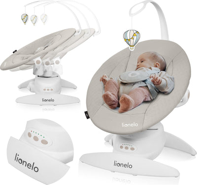 Lionelo Iris Premium Babyschaukel – 360° drehbarer Sitz – 3 Rückenpositionen – 3 Schaukelbewegungen – 5 Geschwindigkeitsstufen – 12 Melodien – Spielbogen – waschbare Polsterung – bis 9 kg – Babyschaukelstuhlwippe