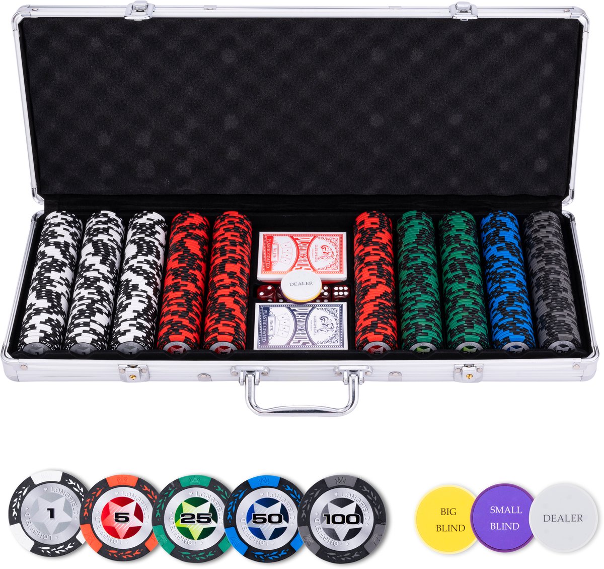 Engelhart Pokerset im Silberetui, niedriger Einsatz 500 Chips (14 Gramm) -