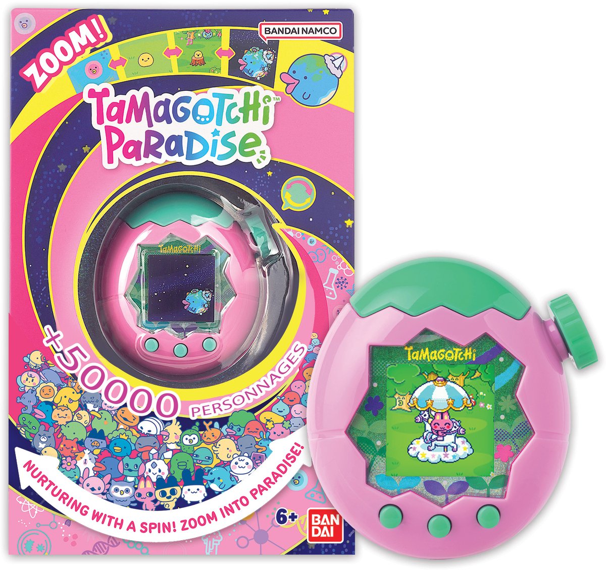 Bandai – Tamagotchi Paradise Earth – virtuelles Tier zum Erziehen – Tamagotchi mit Zoomrad – interaktives Spielzeug auf Englisch – rosa und grünes Erdmodell – Kinderspielzeug ab 6 Jahren – 43421