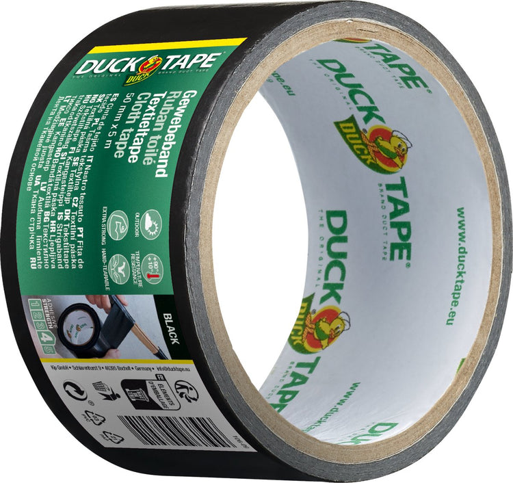 Kip Duck Tape Original – Premium Duct Tape Textilband – Schwarz 50 mm x 5 m – wetterfest, wasserfest und handreißbar – universell einsetzbar für die langfristige Reparatur, Versiegelung und den Schutz von Stein, Metall und Holz