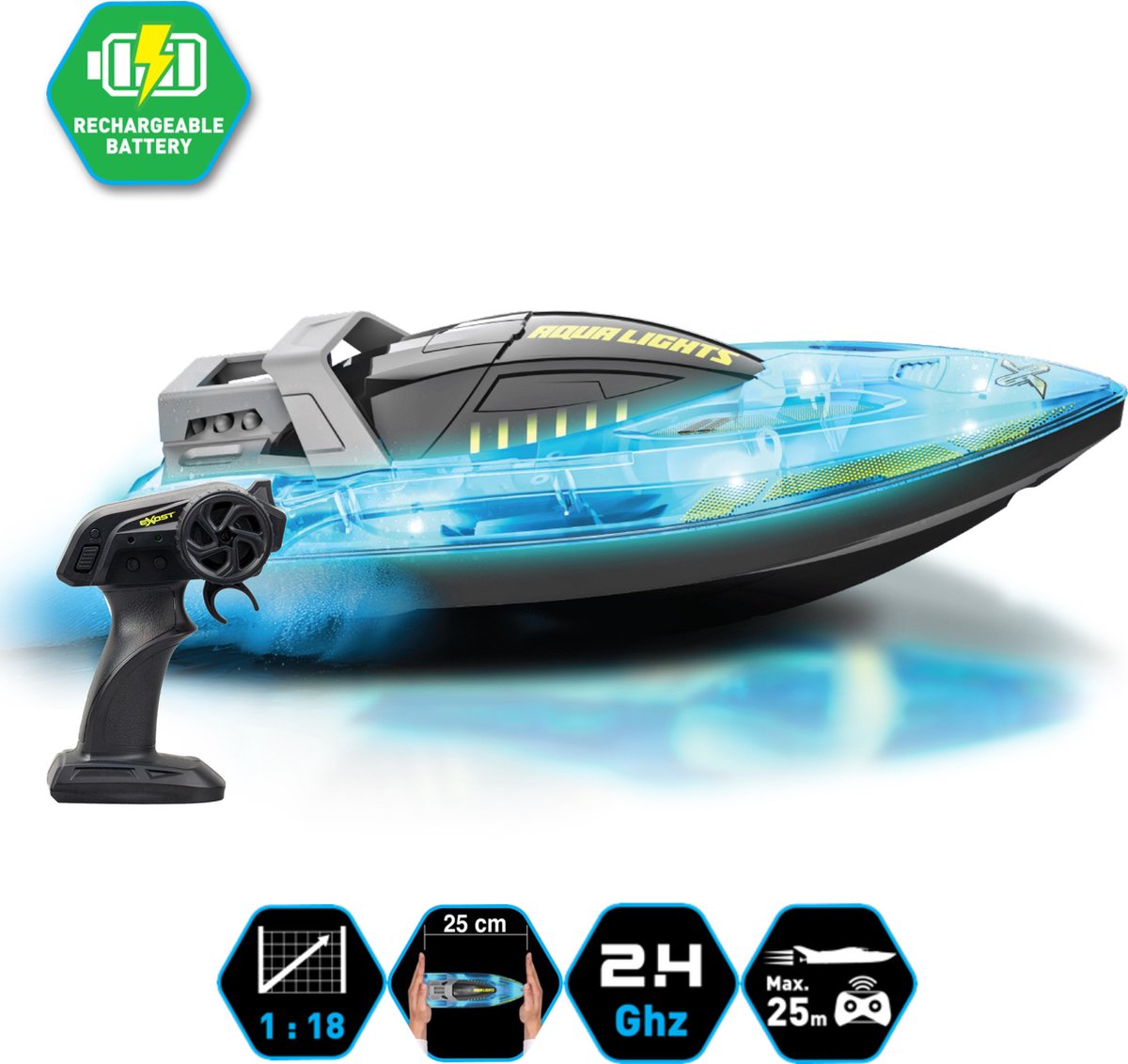 Exost RC Aqua Lights Schnellboot 1:18 - mit Lichteffekt - inkl. wiederaufladbarer Akku