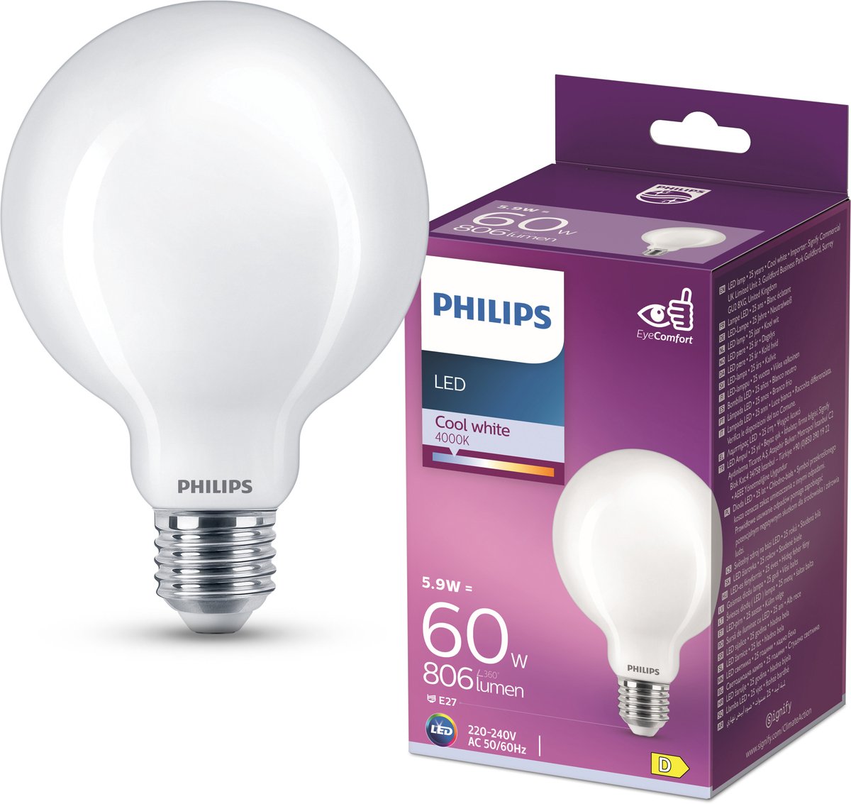 Philips LED-Lampe – Kugellampe mit E27-Fassung – kaltweißes Licht: 4000 K – 60 W – Milchglas