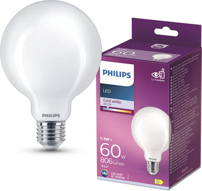 Philips LED-Lampe – Kugellampe mit E27-Fassung – kaltweißes Licht: 4000 K – 60 W – Milchglas