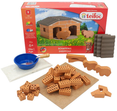 Teifoc® Baukasten – Schafstall-Bauset – 50 Teile – echte Mini-Steine mit Zement, Schüssel und Kelle – Bausatz für Kinder ab 6 Jahren