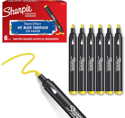 Sharpie Creative Marker Acrylfarbenmarker | runde Spitze | wasserbasierte Farbmarker | Tinte verläuft nicht und ist für die meisten Oberflächen geeignet | gelb | 6 Stück