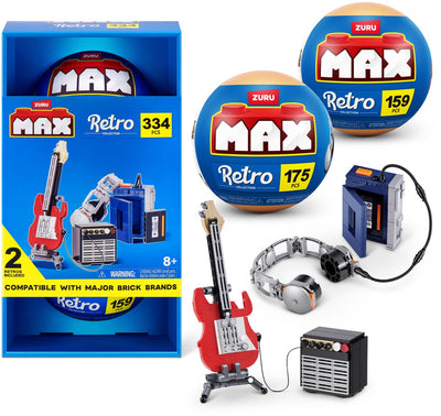 Max baut mehr Premium-Retro-S2-Bausteine-Kollektion im 2er-Pack (Walkman-Gitarre und Verstärker) von Zuru