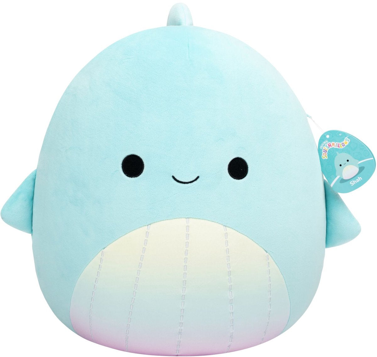 Jazwares Squishmallows – großer Plüsch (Shah – blaugrüner Wal mit Regenbogenbauch) – 40 cm Plüsch