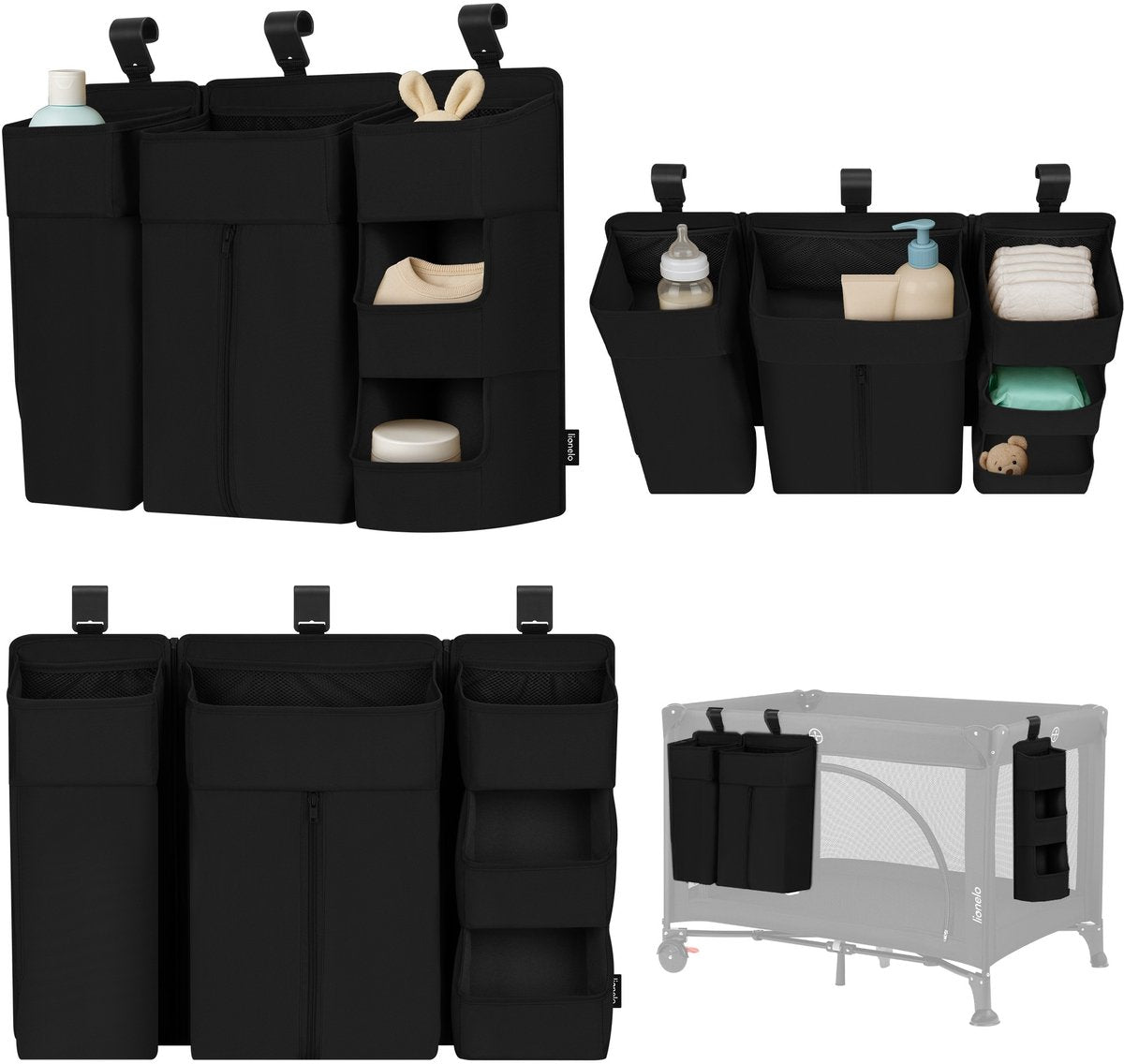 Lionelo Seitentasche groß – Nachttischtasche, Kinderbett-Organizer 58×11×58 cm – 3-teiliges modulares Design mit Reißverschlusstasche – für Reisebett, Beistellbox – verstärkt, multifunktional herausnehmbar – Windeln, Feuchttücher-Zubehör