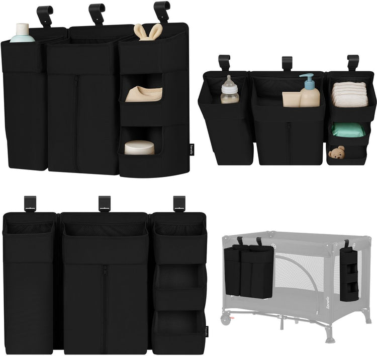 Lionelo Seitentasche groß – Nachttischtasche, Kinderbett-Organizer 58×11×58 cm – 3-teiliges modulares Design mit Reißverschlusstasche – für Reisebett, Beistellbox – verstärkt, multifunktional herausnehmbar – Windeln, Feuchttücher-Zubehör