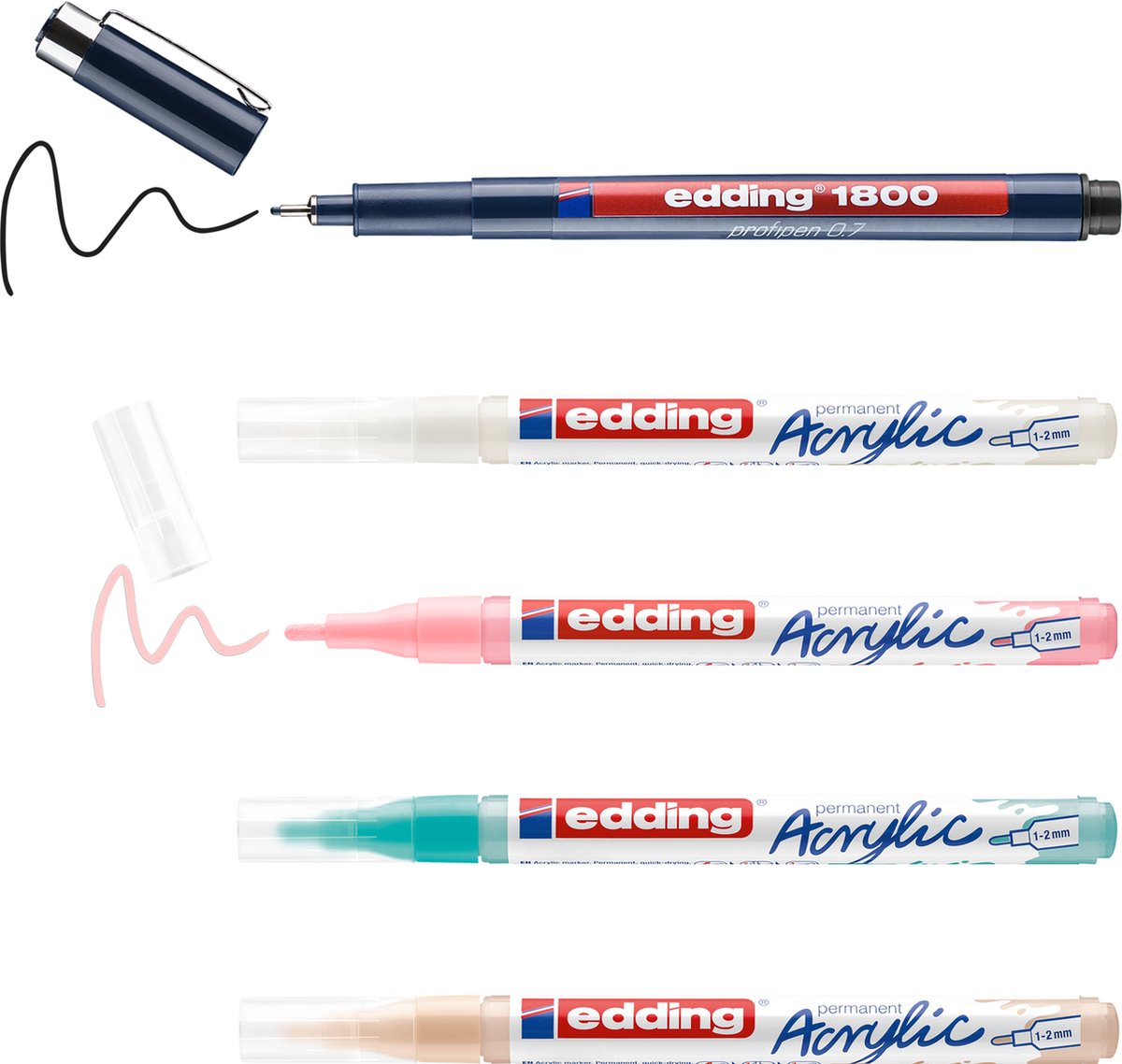 Edding Manga-Kreativset – Manga für Anfänger auf vielen verschiedenen Untergründen zeichnen – 1x 1800 Profipen Black – 4x 5300 Acrylmarker – 6x Blankokarten – 3x Vorlagen – 1x Schritt-für-Schritt-Erklärung – All-in-One-Set