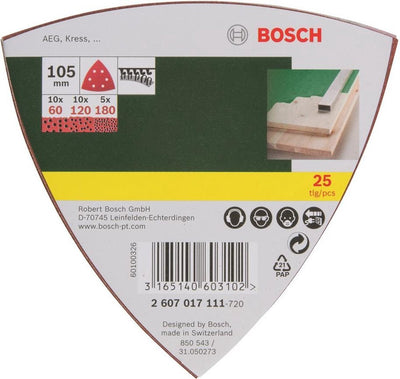 Bosch 25-teiliges Schleifblatt-Set für Deltaschleifer 105 mm – Körnung 60; 120; 180