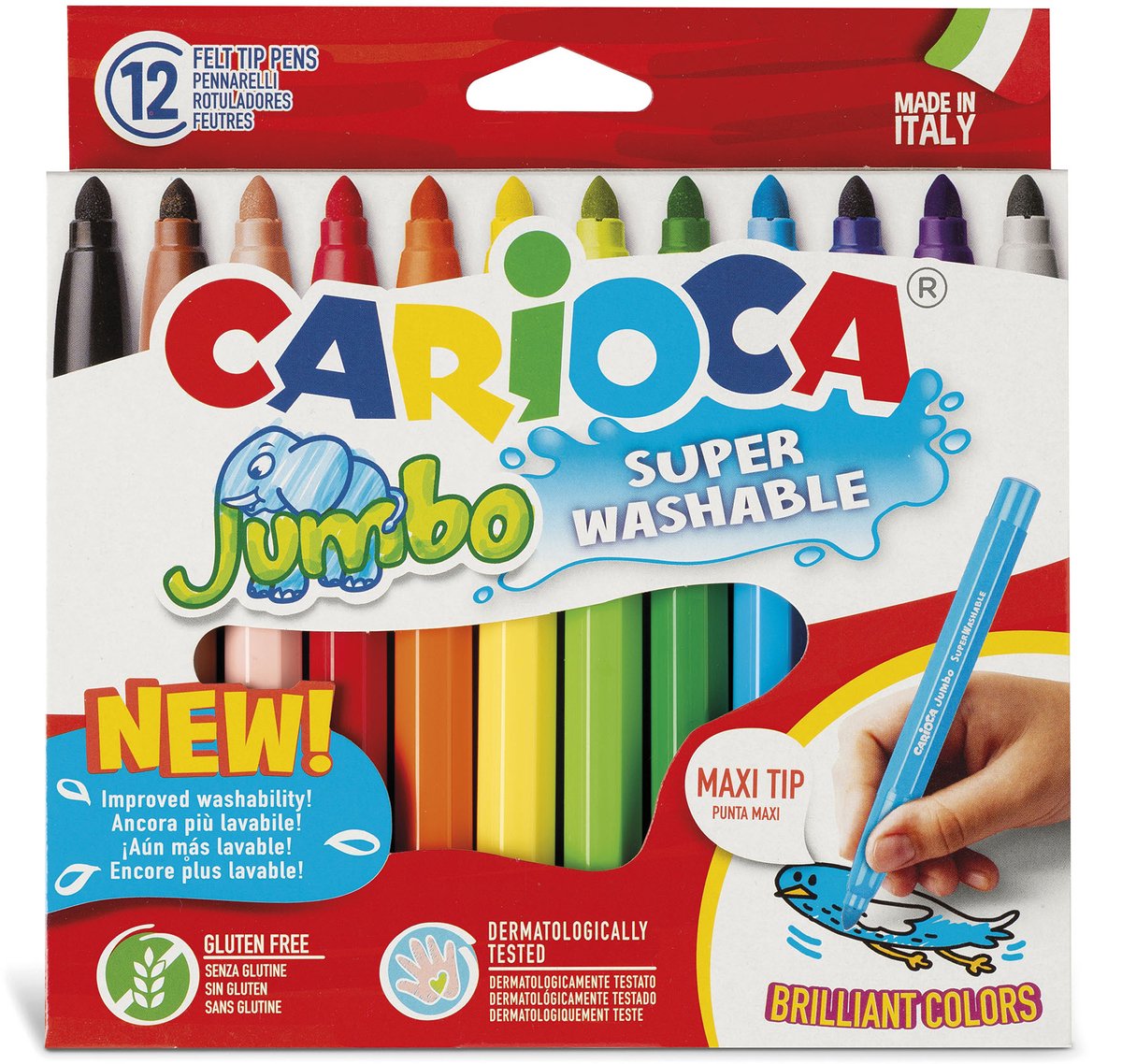 Carioca Jumbo-Marker – 12 Farben – Maxispitze 6 mm – waschbar – Malmarker für Kinder