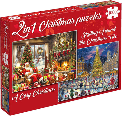 Tucker's Fun Factory Weihnachtspuzzles – gemütliche Weihnachten + Schlittschuhlaufen um den Weihnachtsbaum – 2×1000 Teile 68×49cm (B×H) – Puzzles