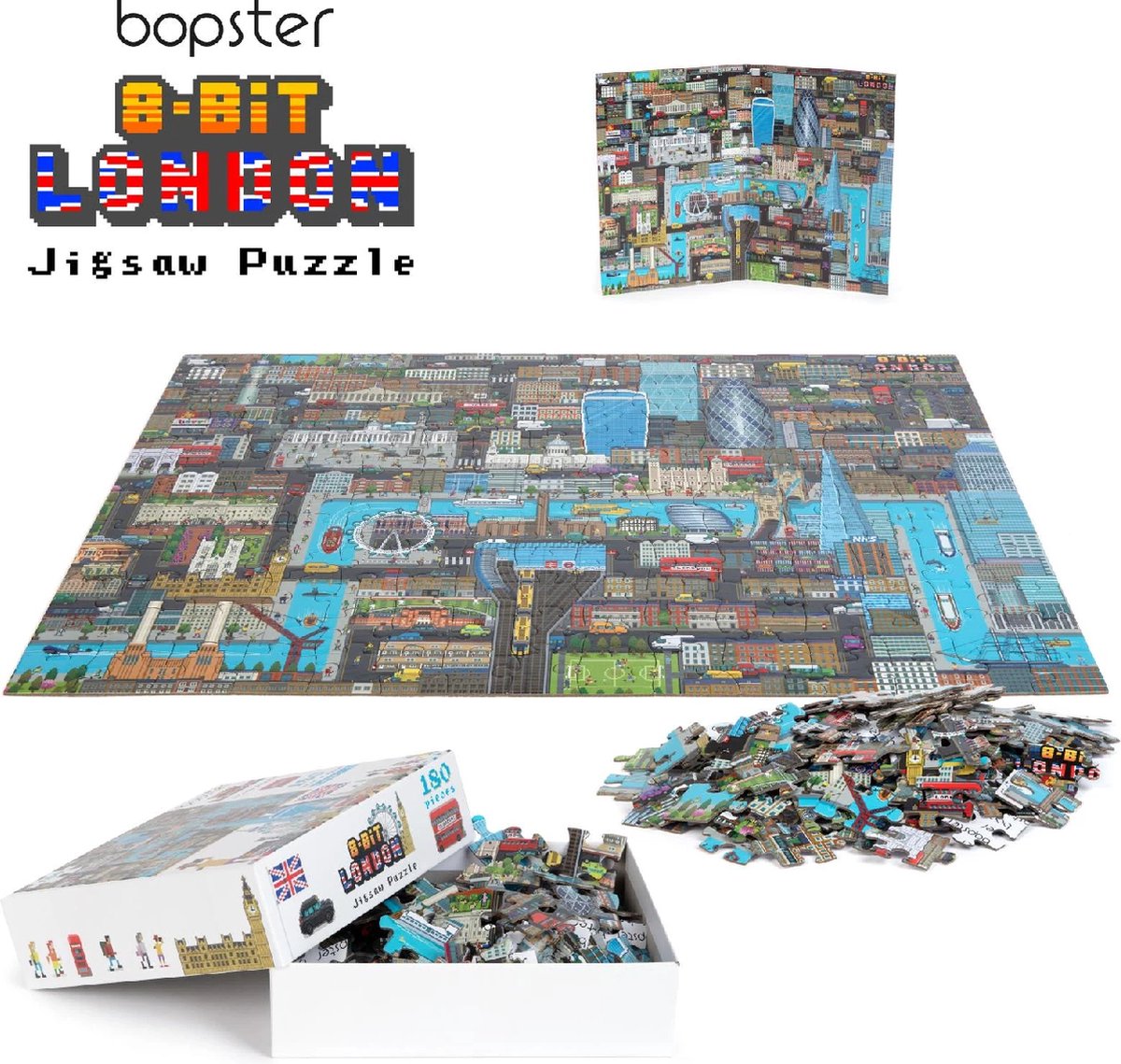 Boppi London-Puzzle – 180 Teile – 57 x 42 cm – tolles 8-Bit-Design – entdecken Sie alle berühmten Gebäude