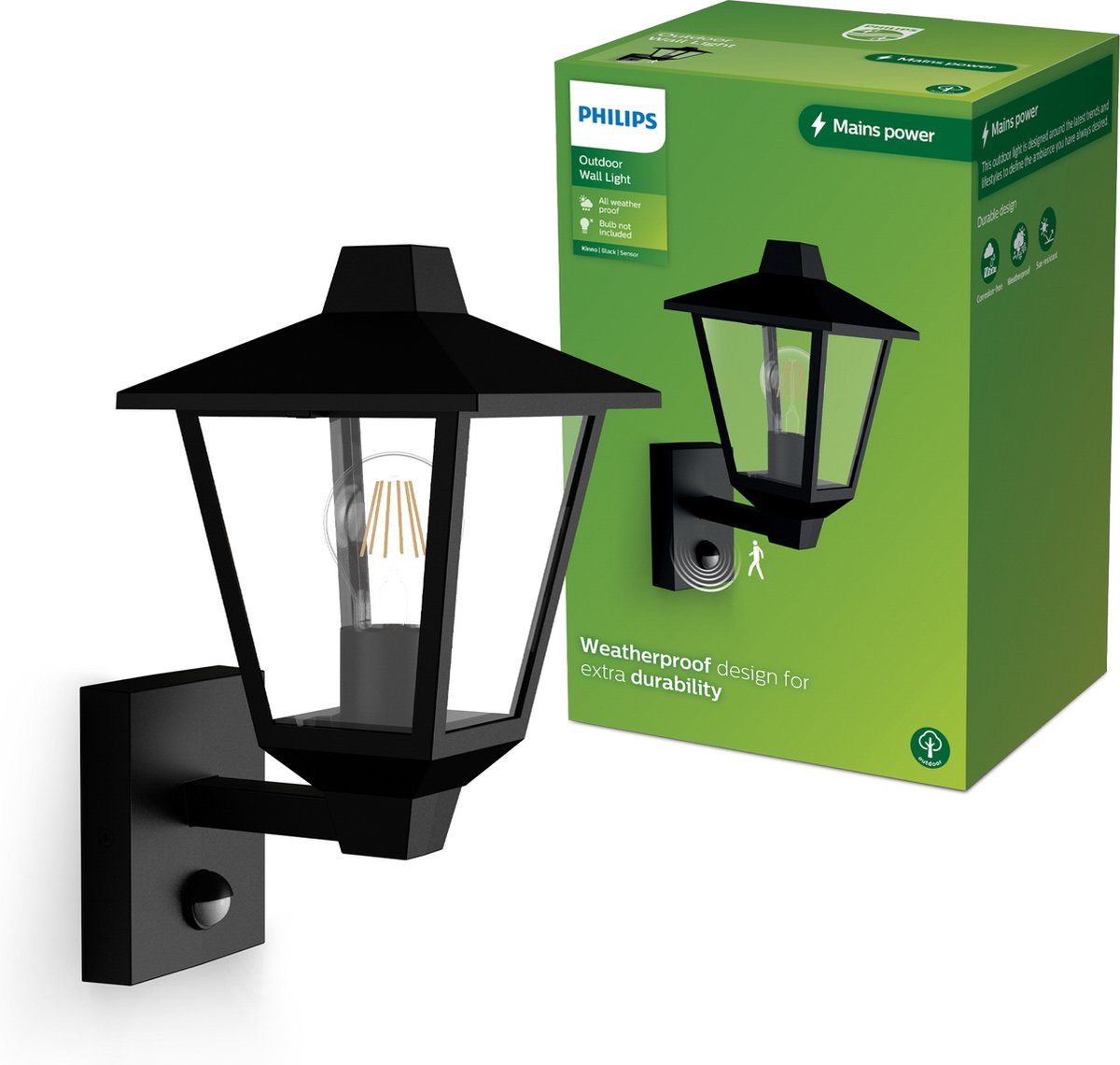 Philips LED Philips Kinno Wandleuchte – Außenleuchte – Bewegungssensor – Schwarz – E27-Fassung – maximal 25 W – wetterfest; IP44 - Stehwandleuchte