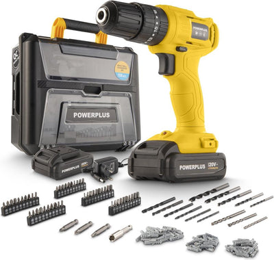 Powerplus powxbox004 - Schraubendreher, Schlagbohrmaschine 20V - 30nm inkl. 2 Batterien 20 V 1,3 Ah und Ladegerät – 158 Akkus.