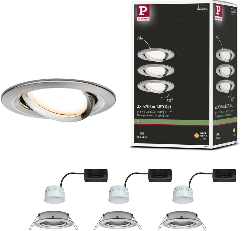 Paulmann LED Einbauleuchte Nova Coin 3er Set schwenkbar rund 84 mm 50° Coin 3x6W 3x470lm 230V 2700K Stahl gebürstet