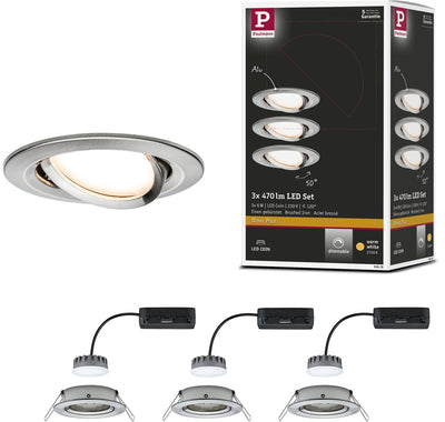 Paulmann LED Einbauleuchte Nova Plus Coin Sockel Set schwenkbar rund 84 mm 50° Coin 3x6W 3x470lm 230V dimmbar 2700K Stahl gebürstet