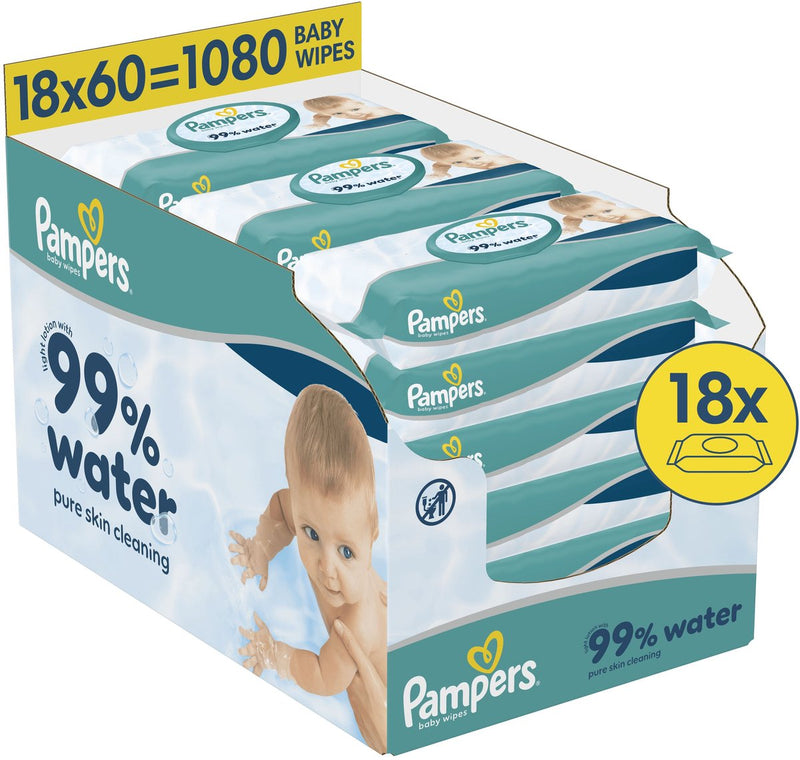 Pampers Babyfeuchttücher mit 99 % Wassergehalt – 18 Packungen mit 60 Tüchern = 1080 Babyfeuchttücher