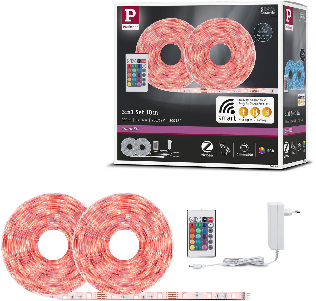Paulmann einfacher LED-Streifen 10 Meter Smart Home ZigBee 3.0 RGB – Plug-Play-Set – 26 W – 90 lm m – 30 LEDs m – beschichtet – für den Innenbereich