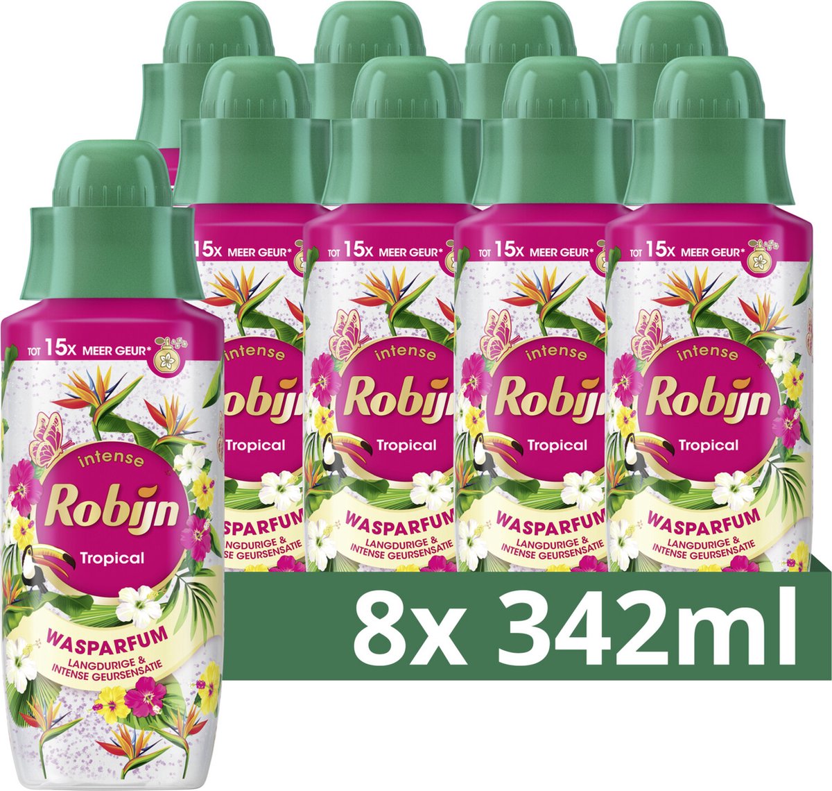 Robijn – Wäscheparfüm – tropisch – bis zu 15 x mehr Duft als bei alleiniger Verwendung von Waschmittel – 8 Flaschen x 342 ml