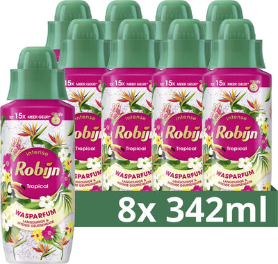 Robijn – Wäscheparfüm – tropisch – bis zu 15 x mehr Duft als bei alleiniger Verwendung von Waschmittel – 8 Flaschen x 342 ml