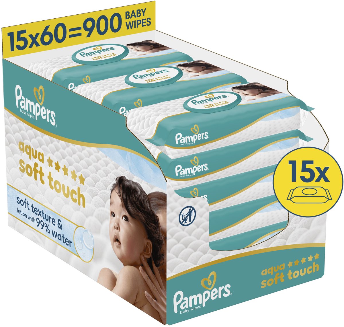 Pampers Aqua Soft Touch Babytücher, 15 Packungen mit 60 Tüchern = 900 Tücher