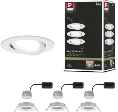 Paulmann LED Einbauleuchte 3-Stufen-Dim Nova Coin Basisset schwenkbar rund 84 mm 50° Coin 3x6W 3x470lm 230V dimmbar 2700K Weiß matt
