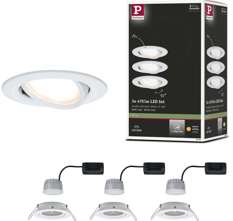 Paulmann LED Einbauleuchte 3-Stufen-Dim Nova Coin Basisset schwenkbar rund 84 mm 50° Coin 3x6W 3x470lm 230V dimmbar 2700K Weiß matt